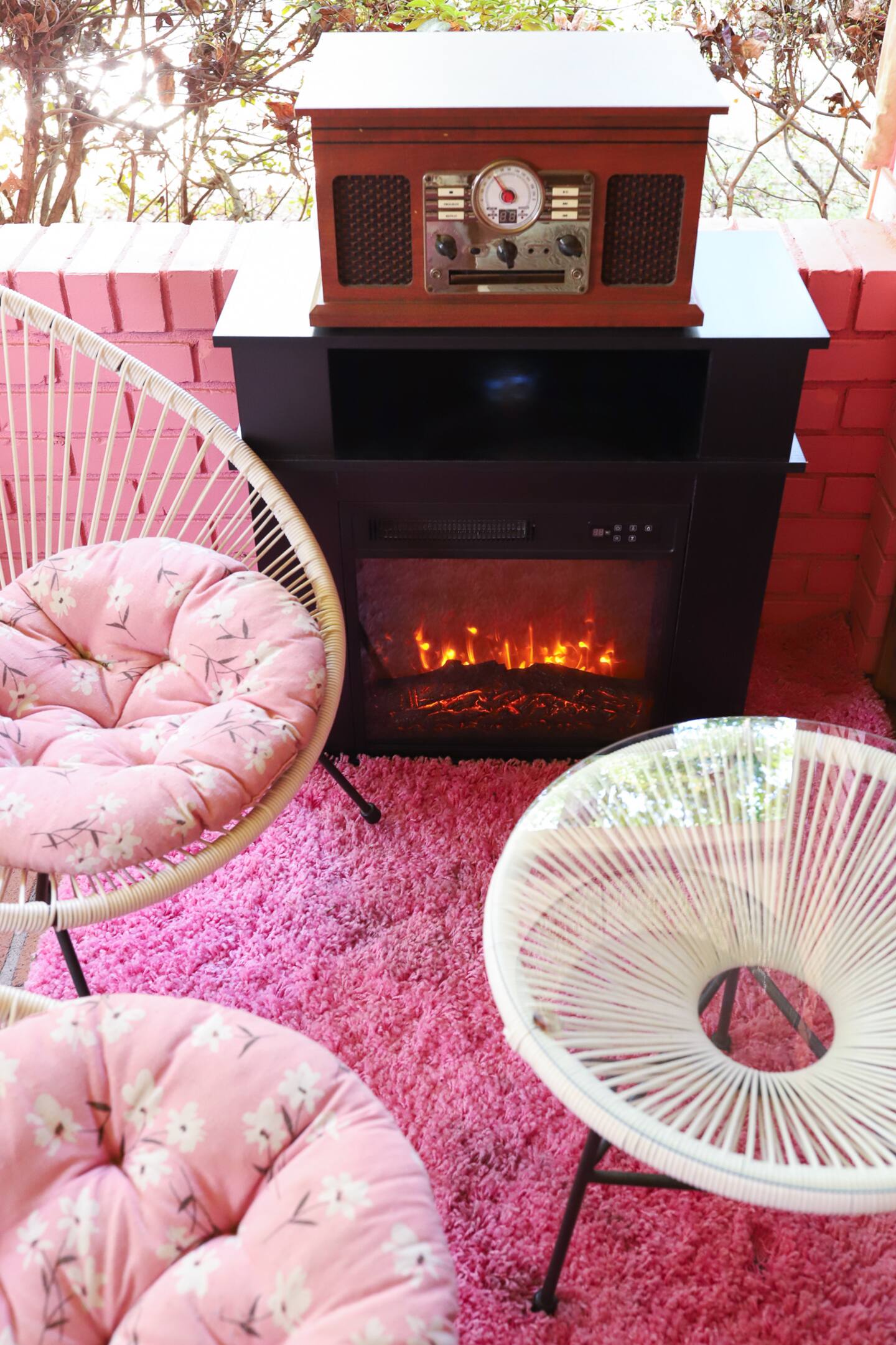 Patio seating with fireplace console